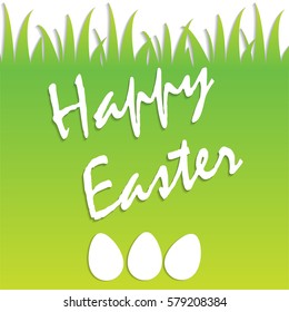 Easter greeting card with paper eggs on green background