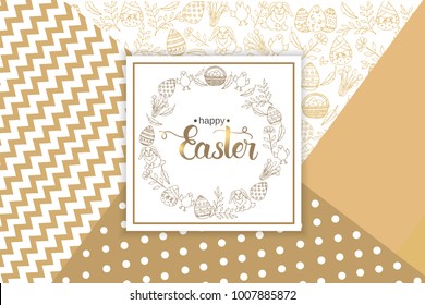 Easter Greeting Card with paschal hand drawn symbols, hand made trendy lettering "Happy Easter" on golden Modern Geometric Background . Vector illustration. Banner, flyer, brochure, postcard, for web