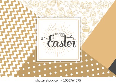 Easter Greeting Card with paschal hand drawn symbols, hand made trendy lettering "Happy Easter" on golden Modern Geometric Background . Vector illustration. Banner, flyer, brochure, postcard, for web