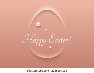 Easter greeting card pastel pink soft 3D egg shape abstract frame design. Happy Easter white text with pearl beads. Vector design pink background. Minimal holiday poster, greeting card, banner