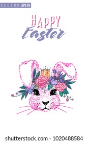 Easter greeting card with pink bunny princess and text: happy Easter. Hand drawn illustration with paschal lettering. Spring poster for pre-Easter and post-Easter congratulations.
