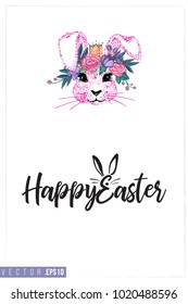 Easter greeting card with pink bunny princess and text: happy Easter. Hand drawn illustration with paschal lettering. Spring poster for pre-Easter and post-Easter congratulations.