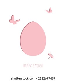 Easter greeting card with pink egg and butterflies. Vector template for design use.