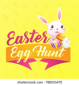 Easter greeting card with place for text and bunny. Egg hunt vector. Cute rabbit congratulates on the holiday