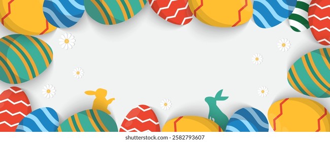 Easter Greeting card poster and banner template with Easter eggs in the nest on green, blue, yellow, white and pink background.Greetings and presents for Easter Day with copy space in flat lay styling