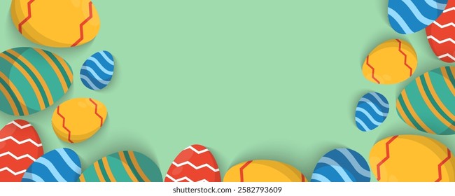 Easter Greeting card poster and banner template with Easter eggs in the nest on green, blue, yellow, white and pink background.Greetings and presents for Easter Day with copy space in flat lay styling