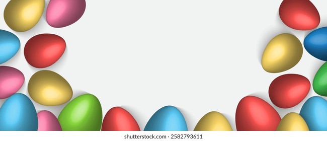 Easter Greeting card poster and banner template with Easter eggs in the nest on green, blue, yellow, white and pink background.Greetings and presents for Easter Day with copy space in flat lay styling