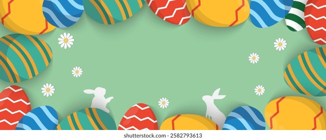 Easter Greeting card poster and banner template with Easter eggs in the nest on green, blue, yellow, white and pink background.Greetings and presents for Easter Day with copy space in flat lay styling