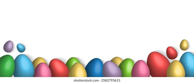 Easter Greeting card poster and banner template with Easter eggs in the nest on green, blue, yellow, white and pink background.Greetings and presents for Easter Day with copy space in flat lay styling