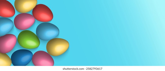 Easter Greeting card poster and banner template with Easter eggs in the nest on green, blue, yellow, white and pink background.Greetings and presents for Easter Day with copy space in flat lay styling