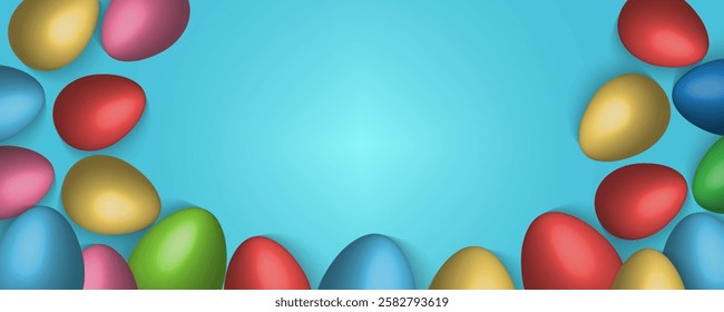 Easter Greeting card poster and banner template with Easter eggs in the nest on green, blue, yellow, white and pink background.Greetings and presents for Easter Day with copy space in flat lay styling