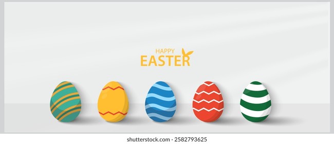 Easter Greeting card poster and banner template with Easter eggs in the nest on green, blue, yellow, white and pink background.Greetings and presents for Easter Day with copy space in flat lay styling