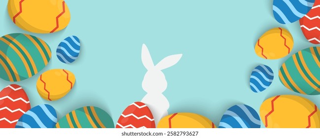 Easter Greeting card poster and banner template with Easter eggs in the nest on green, blue, yellow, white and pink background.Greetings and presents for Easter Day with copy space in flat lay styling