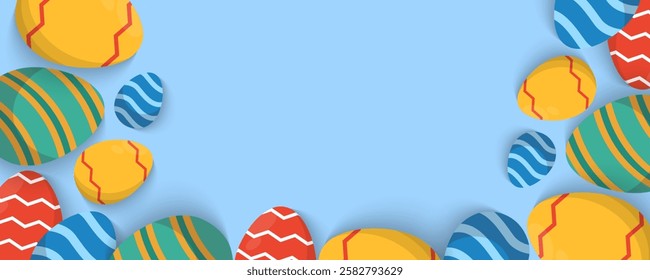 Easter Greeting card poster and banner template with Easter eggs in the nest on green, blue, yellow, white and pink background.Greetings and presents for Easter Day with copy space in flat lay styling