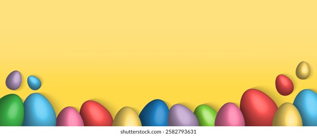 Easter Greeting card poster and banner template with Easter eggs in the nest on green, blue, yellow, white and pink background.Greetings and presents for Easter Day with copy space in flat lay styling