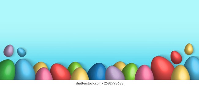 Easter Greeting card poster and banner template with Easter eggs in the nest on green, blue, yellow, white and pink background.Greetings and presents for Easter Day with copy space in flat lay styling