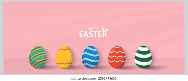 Easter Greeting card poster and banner template with Easter eggs in the nest on green, blue, yellow, white and pink background.Greetings and presents for Easter Day with copy space in flat lay styling