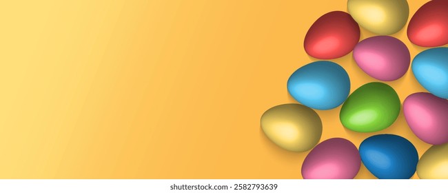 Easter Greeting card poster and banner template with Easter eggs in the nest on green, blue, yellow, white and pink background.Greetings and presents for Easter Day with copy space in flat lay styling