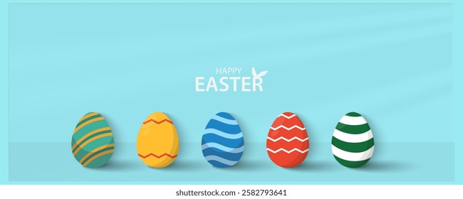 Easter Greeting card poster and banner template with Easter eggs in the nest on green, blue, yellow, white and pink background.Greetings and presents for Easter Day with copy space in flat lay styling