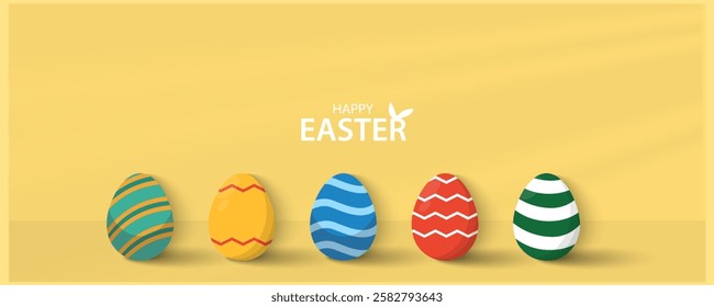 Easter Greeting card poster and banner template with Easter eggs in the nest on green, blue, yellow, white and pink background.Greetings and presents for Easter Day with copy space in flat lay styling