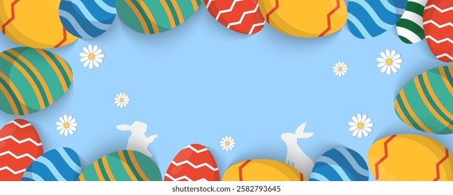 Easter Greeting card poster and banner template with Easter eggs in the nest on green, blue, yellow, white and pink background.Greetings and presents for Easter Day with copy space in flat lay styling