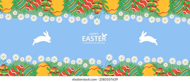 Easter Greeting card poster and banner template with Easter eggs in the nest on green, blue, yellow, white and pink background.Greetings and presents for Easter Day with copy space in flat styling