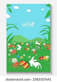 Easter Greeting card poster and banner template with Easter eggs in the nest on green, blue, yellow, white and pink background.Greetings and presents for Easter Day with copy space in flat styling