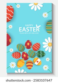 Easter Greeting card poster and banner template with Easter eggs in the nest on green, blue, yellow, white and pink background.Greetings and presents for Easter Day with copy space in flat styling