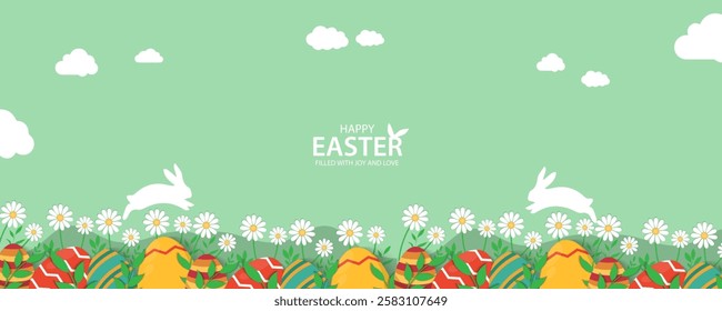 Easter Greeting card poster and banner template with Easter eggs in the nest on green, blue, yellow, white and pink background.Greetings and presents for Easter Day with copy space in flat styling