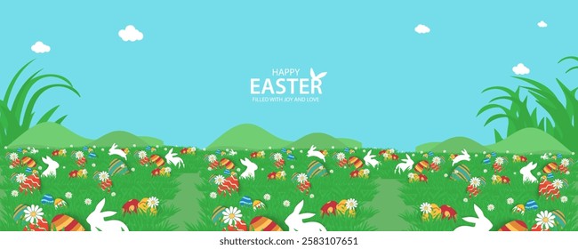 Easter Greeting card poster and banner template with Easter eggs in the nest on green, blue, yellow, white and pink background.Greetings and presents for Easter Day with copy space in flat styling