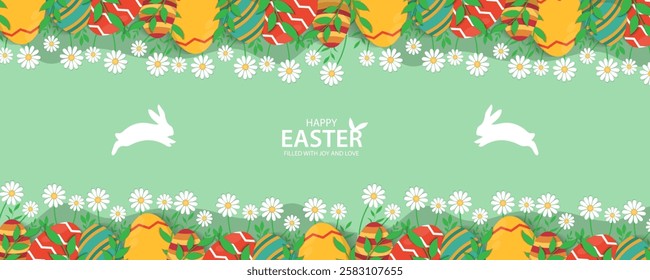 Easter Greeting card poster and banner template with Easter eggs in the nest on green, blue, yellow, white and pink background.Greetings and presents for Easter Day with copy space in flat styling