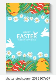 Easter Greeting card poster and banner template with Easter eggs in the nest on green, blue, yellow, white and pink background.Greetings and presents for Easter Day with copy space in flat styling