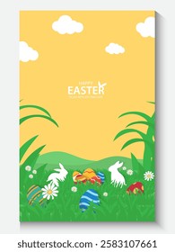 Easter Greeting card poster and banner template with Easter eggs in the nest on green, blue, yellow, white and pink background.Greetings and presents for Easter Day with copy space in flat styling