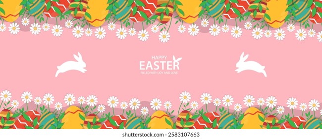 Easter Greeting card poster and banner template with Easter eggs in the nest on green, blue, yellow, white and pink background.Greetings and presents for Easter Day with copy space in flat styling