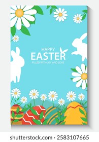 Easter Greeting card poster and banner template with Easter eggs in the nest on green, blue, yellow, white and pink background.Greetings and presents for Easter Day with copy space in flat styling