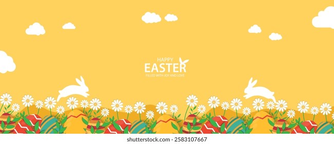 Easter Greeting card poster and banner template with Easter eggs in the nest on green, blue, yellow, white and pink background.Greetings and presents for Easter Day with copy space in flat styling