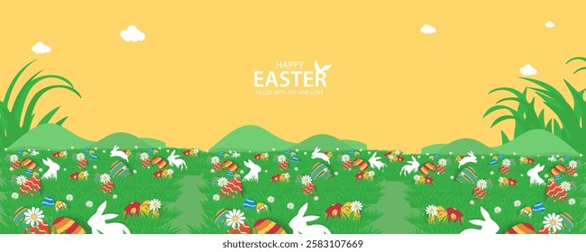 Easter Greeting card poster and banner template with Easter eggs in the nest on green, blue, yellow, white and pink background.Greetings and presents for Easter Day with copy space in flat styling