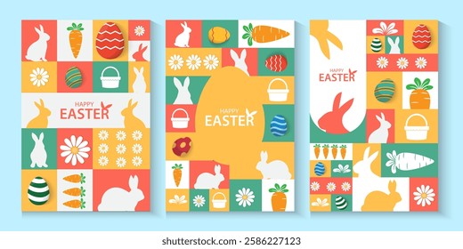 Easter Greeting card poster and banner template with Easter eggs in the nest on green, blue, yellow, white and pink background.Greetings and presents for Easter Day with copy space in flat styling