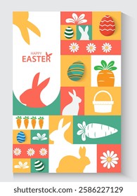 Easter Greeting card poster and banner template with Easter eggs in the nest on green, blue, yellow, white and pink background.Greetings and presents for Easter Day with copy space in flat styling