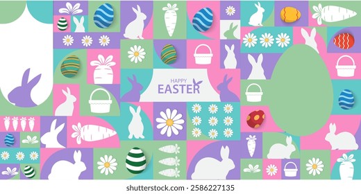 Easter Greeting card poster and banner template with Easter eggs in the nest on green, blue, yellow, white and pink background.Greetings and presents for Easter Day with copy space in flat styling