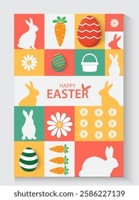 Easter Greeting card poster and banner template with Easter eggs in the nest on green, blue, yellow, white and pink background.Greetings and presents for Easter Day with copy space in flat styling