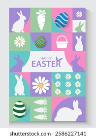 Easter Greeting card poster and banner template with Easter eggs in the nest on green, blue, yellow, white and pink background.Greetings and presents for Easter Day with copy space in flat styling