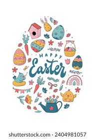 Easter greeting card, poster, print, banner, invitation design deocrated with lettering quote and doodles on white background. EPS 10