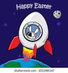 Easter greeting card, poster or t-shirt print design. Bunny inside Egg spaceship starts from Earth to Space. Cartoon style, vector