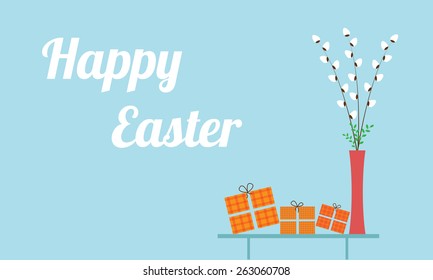 Easter greeting card with presents and willow