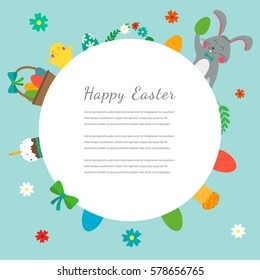 Easter greeting card with rabbit, bunny, eggs and chicken. Vector illustration