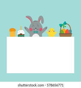 Easter greeting card with rabbit, bunny, eggs and chicken. Vector illustration