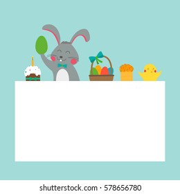 Easter greeting card with rabbit, bunny, eggs and chicken. Vector illustration