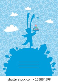 Easter greeting card with rabbit carrying Easter eggs