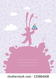 Easter greeting card with rabbit carrying Easter eggs